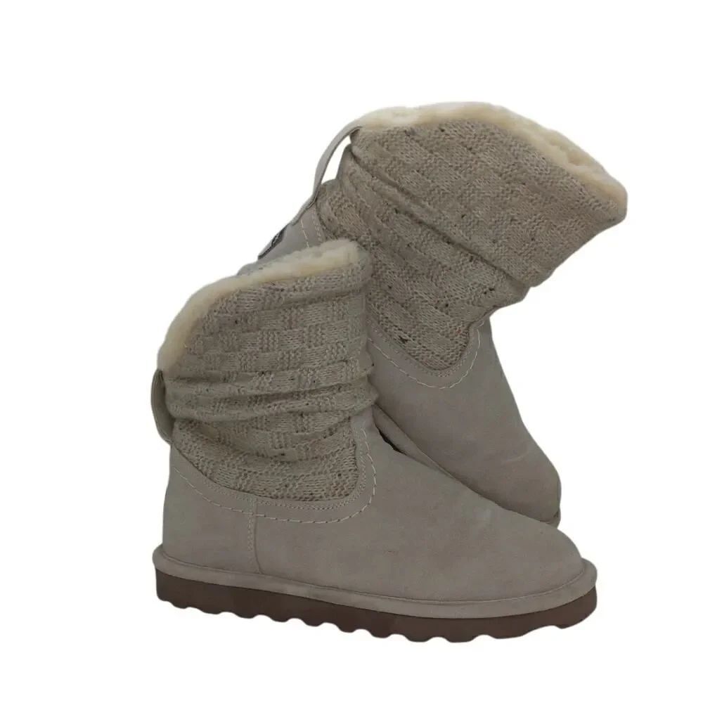 BearPaw Womens Pre-owned Knit Design, Faux Fur Lined Beige Winter Boots - sz. 10